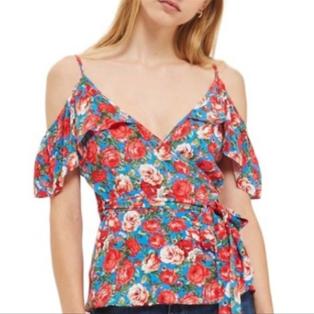 NWOT Topshop Blue Floral Wrap Top Size 4